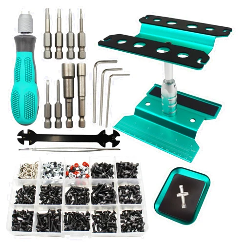 RC Lelut RC Car Repair Work Stand Repair Tool Set 360 Degree Rotation and 523 PCS RC Screws Kit & RC Screwdrivers and Screws Pallet Kit for 1/8 1/10 1/12 1/16 1/18 Scale Crawler Car Truck Buggy (Green)