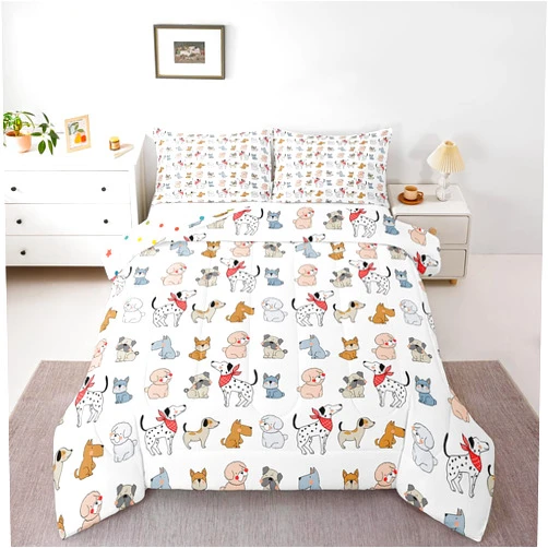 Erosebridal Kids Cute Dogs Comforter Set Twin Cartoon Puppy Pug Bedding Set for Girls Boys Lovely Pet Duvet Insert Animal Theme Quilted Comforter for Animal Lovers Modern 3D Printed Home Bedroom Decor