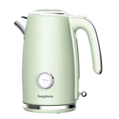 LONGDEEM Electric Tea Kettle for Boiling Water, Wide-Open Lid, Retro Green Stainless Steel with Thermometer, 1500W/1.7L for Coffee/Tea Brewing, Auto Shut-Off & Boil-Dry Protection, Cordless Swivel Base, Green