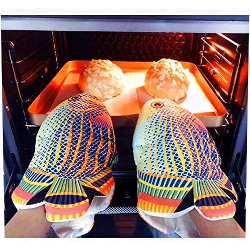 GREUS 1 Pair Deep Sea Fish Oven Mitts Heat Resistant Oven Gloves Cute Fish Kitchen Gloves Microwave Mittens High Temp Cotton Lined Baking Grilling Cooking Gloves for Pizza Toaster BBQ