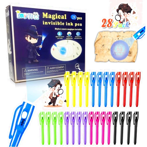 EODVICS Invisible Ink Pens, 28 PCS Upgraded Spy Invisible Ink Pen with UV Light Magic Marker for Secret Message Escape Room and Kids Christmas Goodies Bags Toy, Spy Pen Party Favors for Kids 8-12