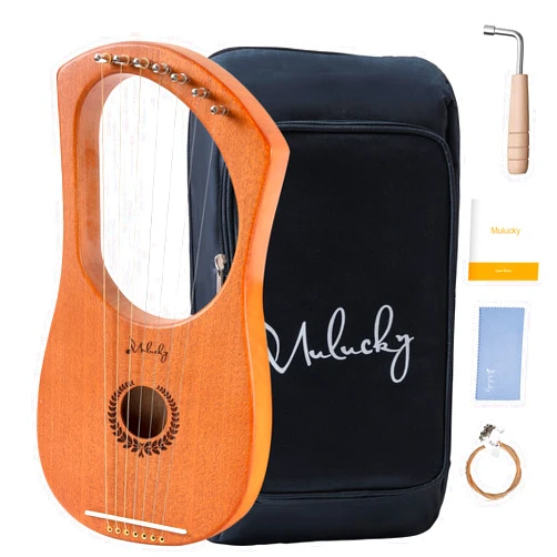 Mulucky Lyre Harp Mulucky 7 Metal Lyre Steel String Bone Saddle Mahogany Lyre Instrument with Tuning Wrench and Black Gig Bag - MLH701