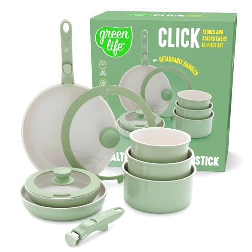 GreenLife 10 Piece Nonstick Pots & Pans Set, Detachable Handle & Stackable Cookware Set, Non Toxic PFAS-Free Skillets, Induction Kitchen Pans, Space Saving, Serving Bowls, Oven Safe, Sage Green