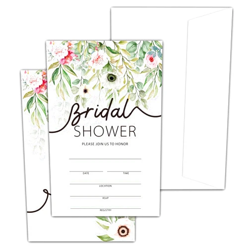 Levitatinyear Greenery Eucalyptus Bridal Shower Invitations with Envelopes, 25 Pcs Gold Foil Blank Fill-in Invites for Wedding Reception, Engagement Party, Bachelorette Party(11)