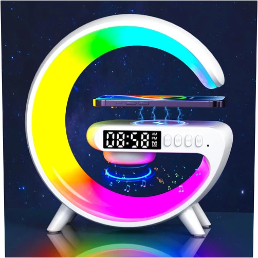 Generic New Mini Wireless Speaker Charger, Atmosphere Light with Wireless Charging Function, Table Lamp, Bedside Lamp with Alarm Clock & Charging Function, Bluetooth sound machine, Digital clock (White)
