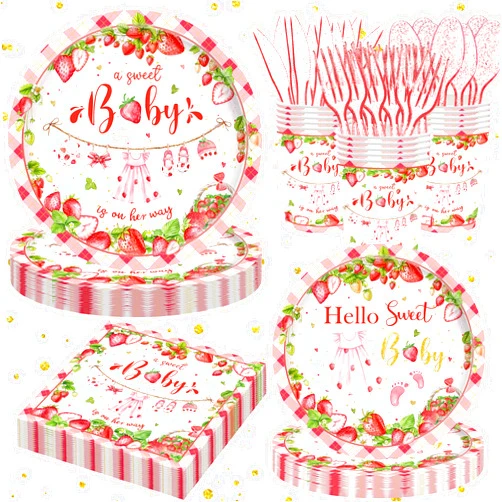 HUIYANFSY 140PCS Strawberry Baby Shower Decorations for Girls Berry Sweet Baby Shower Decorations Birthday Decor Party Supplies Plates Napkins Cups Forks Spoons Tableware Set Serve 20 Guests