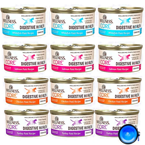 Wellness Core Digestive Grain Free Canned Cat Wet Food Pate - 12 Pack Cans Variety Bundle Pack 4 Flavor - (Chicken, Salmon Whitefish & Turkey) with Hotspot Pets Pet Food Bowl - (3 Oz)