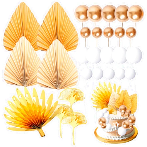 Dhthdrh 28 Pcs Gold Cake Topper White Gold Balls Cake Toppers Gold Palm Leaves Apricot Cake Decoration Birthday Cake Toppers Boho Champagne Cake Decor for Wedding Birthday Anniversary Party Supplies
