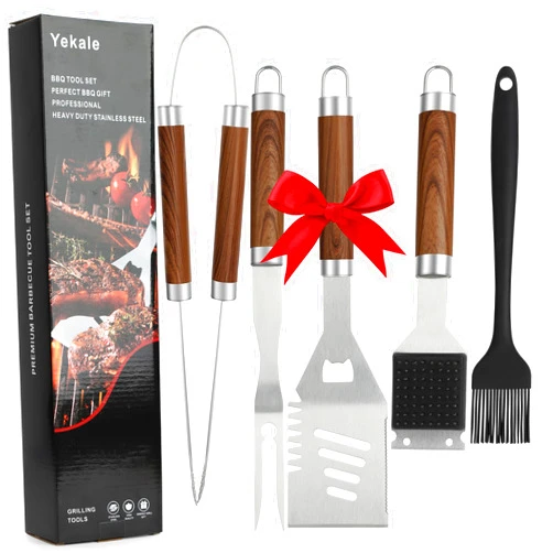 Yekale BBQ Grill Accessories Set, Grill Tools Grilling Accessories Grilling Gifts for Men - Spatula, Fork, Brush, Tongs & Cleaning Brush - Outdoor Barbecue Utensils Gifts for Men Dad Him (Wood)