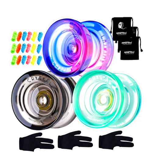 MAGICYOYO Pack of 3 Responsive Yoyos for Kids Beginners, K2 (Crystal YoYo with 3 Yoyo Gloves, 3 Yoyo Bags, 18 Yoyo Strings Green+ Black+ Purple Pink)