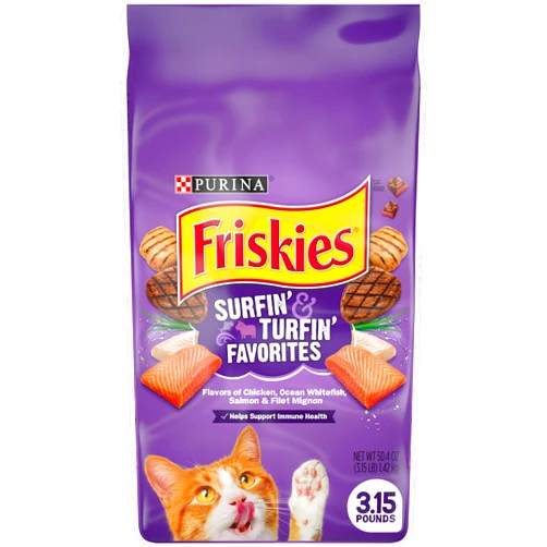 Purina Friskies Dry Cat Food, Surfin' & Turfin' Favorites - (4) 3.15 lb. Bags