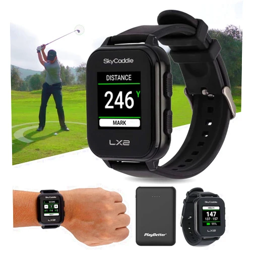 PlayBetter SkyCaddie LX2 Golf GPS Watch - Lightweight & Simple Golf Yardage Rangefinder Touchscreen Watch w/ 35K Courses, Intelligent Automation, & Scoring - Power Bundle with PlayBetter 5000mAh Portable Charger
