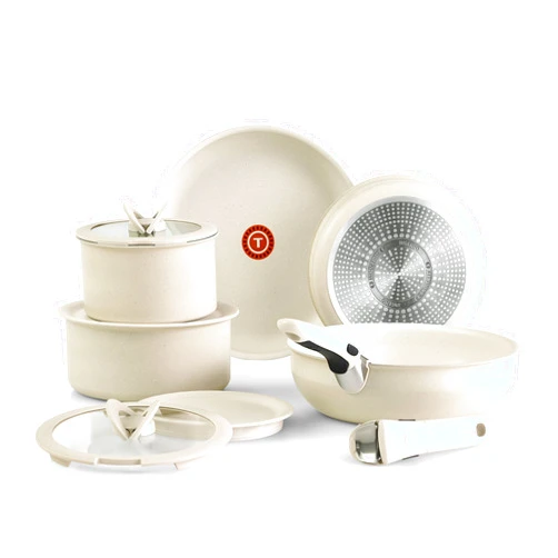 T-fal Ingenio Essentials Cookware Set with Detachable/Removable Handle 11 Piece, Granite Titanium Non Stick, Induction, Oven Broiler Safe 500F, Stackable, Pots and Pans Set, RV Camping, Fry Pans Beige