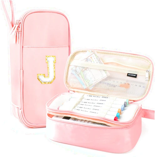 Nuozme Extra Large Pencil Case,Big Capacity Pencil Pouch,Personalized Initial Pencil Bag with smooth zipper,Multiple Pockets,Cute Aesthetic Stationery Pen Case Bag for Teen Girls College (Pink, J)