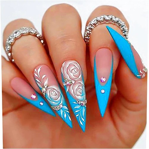 Metyond Press-on Nails, Almond Stiletto Blue with Flower Designs, 24 Pieces Acrylic False Nails, Full Cover, Glossy Finish, for Women