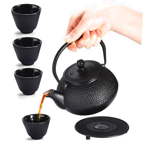 Kitchtic Japanese Coated Cast Iron Teapot Set of 4 - Kettle with Stainless Steel Infuser - Durable Heat Retention Tea Infusers - Japanese Style Kettles Teapots Tea for Home - for Green Tea, Loose Leaf