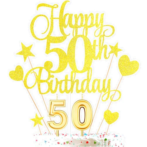 HOGRTi 50th Birthday Cake Decorations Set Include 50th Birthday Candles Numeral 50 Cake Candles and Happy 50th Birthday Cake Toppers with Heart Star Cupcake Picks for Birthday Party (Gold Series)
