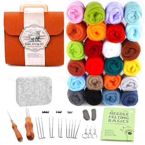 ZXIIXZ Needle Felting Kit, 24 Colors Felting Wool Kit with Felt Bag, Felting Needles, Pad, Felting Wool Bulk for DIY Needle Felting Beginner with Instructions
