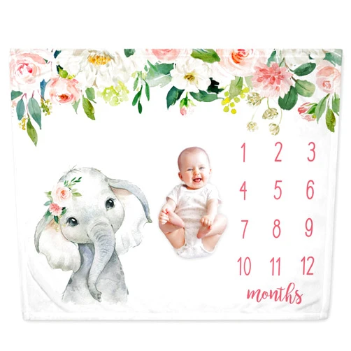Speuni Popfavors Floral Elephant Baby Monthly Milestone Blanket, Jungle Elephant Girl's Soft Fleece Monthly Milestone Blanket , Girl Elephant Nursery Infant Newborn, Includes Marker (White, 50x40 inch )