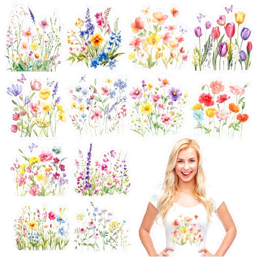 EoBeCy 12 Sheets Watercolor Flower Iron on Transfers for T-Shirts, Spring DTF Transfers Ready to Press Heat Transfers Vinyl, Iron on Decals for Women Girls Clothes Bag Pillow Cover DIY Crafts