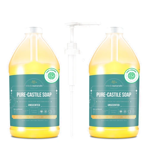 WHOLENATURALS Pure Castile Soap Liquid, EWG Verified & Certified Palm Oil Free Unscented, Natural, Mild & Gentle Non-gmo & Vegan - Organic Body Wash, Laundry, Pet/Dog and Baby Soap -Pack of 2 w/pump
