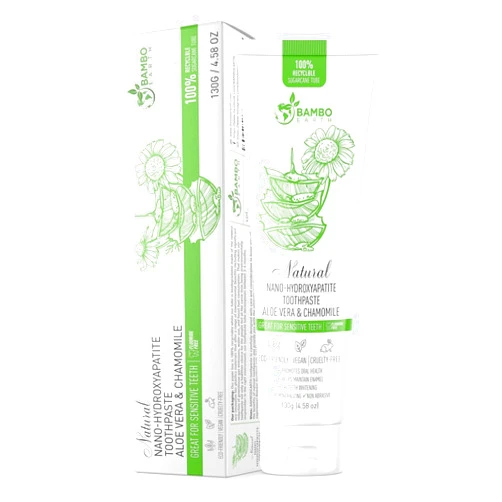 BAMBOEARTH Natural Fluoride Free Toothpaste - Nano Hydroxyapatite, Remineralizing, Sensitive Teeth, Whitening & Zero Waste Tube - Dentist Recommended for Adult & Kids Oral Aloe Vera & Chamomile (Single, Aloe)