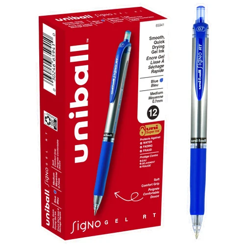 Uni-Ball uniball Signo Gel Pen, Retractable, Medium 0.7 Mm, Blue Ink, Blue/metallic Accents Barrel, Dozen