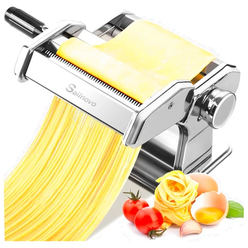 Sailnovo Pasta Maker Machine, 180 Roller Pasta Maker, 9 Adjustable Thickness Settings 2-in-1 Noodles Maker with Rollers and Cutter, Perfect for Spaghetti, Fettuccini, Lasagna or Dumpling Skin Silver