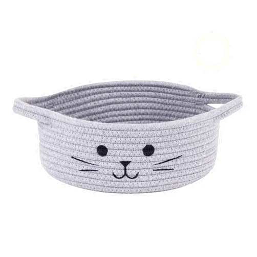 HiChen Small Woven Rope Storage Basket, Cute Cat Toy Basket for Living Room, Baby Basket for Nursery, Gift Basket Empty for Baby Shower, Grey, 9.8 x 4 inches