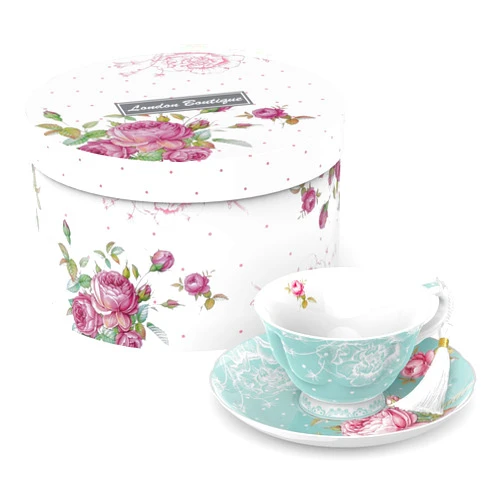 London Boutique Tea Cup and Saucer Set 1 Afternoon Tea Set New Bone China Vintage Flora Gift Box 200m (Turquoise)