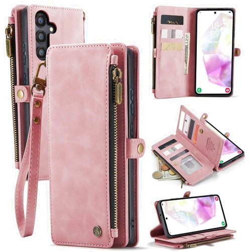 Defencase Compatible with Galaxy A35 5G Case Wallet with RFID Blocking Card Holder for Women Men, PU Leather Magnetic Snap Flip Zipper Strap Wallet Phone Case Fit for Samsung Galaxy A35 5G, Rose Pink