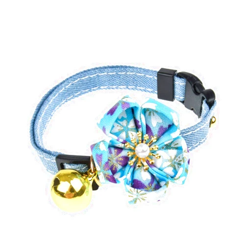 Accesyes Handmade Flower Design Japanese Chirimen Kimono Print Cat Collar with Bell Adjustable Tie for Kitty Puppy Photography Collar (Blue, S)