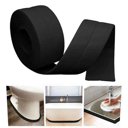 RHRVBSS Caulk Tape Bath & Kitchen Self Adhesive Caulking Tape Waterproof,Toilet Caulk Strip,Bathtub Sealing Strip Tape Caulk,Shower Caulk Bathroom Sealant,Traditional Caulking Replacement(Black,1.5