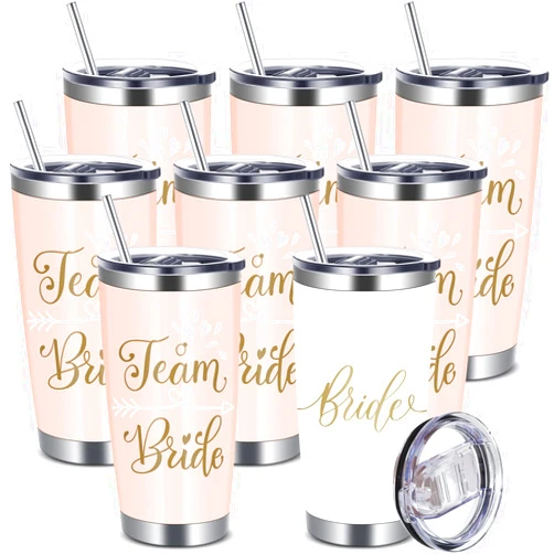 Yaomiao 8 Pcs Bride Tumblers 20oz Bachelorette Party Decorations, Team Bride Stainless Steel Cup with Lid and Straw Champagne Wine Tumbler Party Favor for Wedding Gift (Pink)