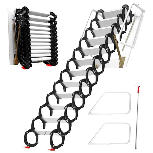 YTOXEO Attic Stairs Pull Down 12 Steps, 10.85 FT Retractable Alloy Attic Folding Stairs Loft Ladder Wall Mounted with Pull Rod, Attic Steps with Armrests (Aluminum)