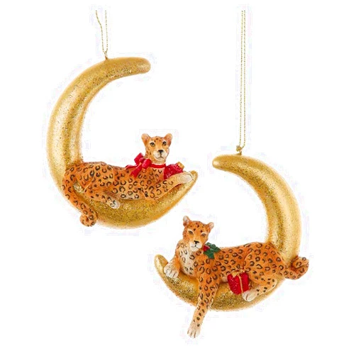 The Bridge Collection 3.5-Inch Resin Leopard on Glittering Moon Christmas Ornaments - Set of 2 Cheetah Rainforest Animal Ornaments
