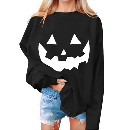 BeyXokBey Halloween Sweatshirts for Women Pumpkin Face Print Long Sleeve Pullover Casual Comfy Loose Fit Fall Sweatshirt