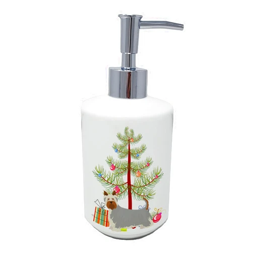 Caroline's Treasures CK3443SOAP Australian Silky Terrier Christmas Tree Ceramic Soap Dispenser Hand Soap Dispenser Pump Bottles for Bathroom Kitchen, Empty Refillable Liquid Soap Container