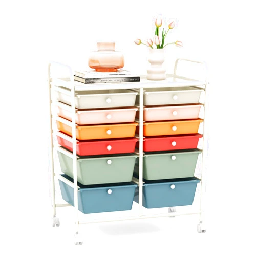 GOFLAME 12-Drawer Rolling Storage Cart, Multipurpose Organizer Cart with 2 Sizes Plastic Drawers, Mobile Utility Cart with Lockable Casters for School, Home Office, Beauty Salon, Macaron Color
