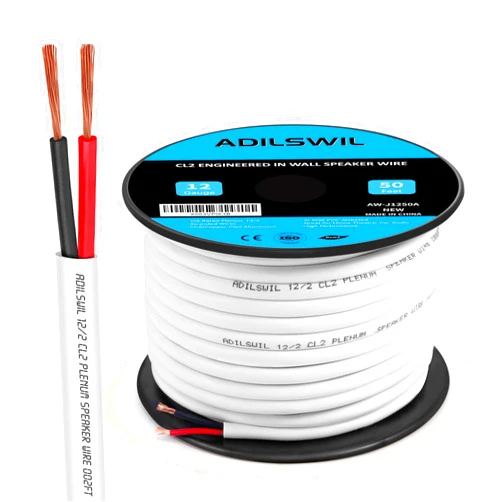 ADILSWIL in Wall Speaker Wire Cable 12 Gauge 50FT 12/2 AWG CCA 2 Conductor Red and Black Wire with White Jacket Low Voltage Wires DC Electrical Wire ETL CL2 Rated for Hookup and Extension