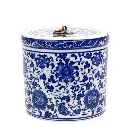 DUJEFF Creative Home Decorative Blue and White Ceramic Ginger Jar with Lid, Round Tea Storage with Copper Ring Handle/Tea Caddy/Tea Canister, Hand-Crafted Jingdezhen (Size : Large)