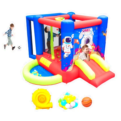 WELLFUNTIME Inflatable Bounce House with Slide, Jumping Castle with Blower for Kids Play House with Wave Pool