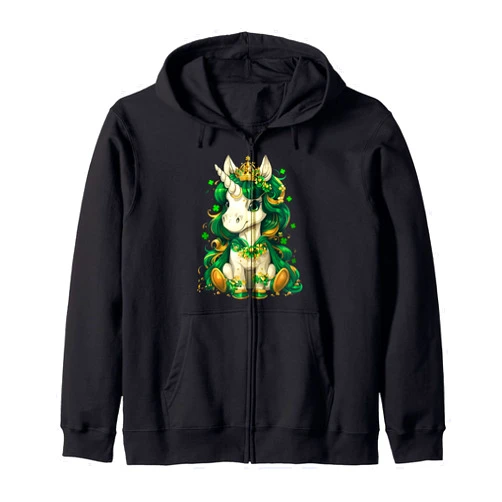 St Patricks Day Shirts for Girls Cute Unicorn - St Patricks Day Girls Lepricorn Zip Hoodie