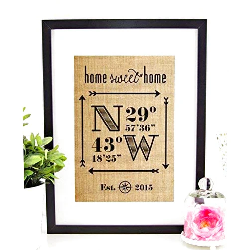 Handmade Personalized Home Sweet Home Sign, Housewarming Gift, New Home Decor, Homeowner, Wedding, Anniversary, Real Estate Closing, Latitude Longitude (8x10 or 11x14 Burlap Print)