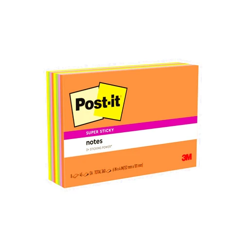 Post-it Super Sticky Notes, 6x4 in, 8 Pads, 2x the Sticking Power,Energy Boost Collection, Bright Colors (Orange, Pink, Blue, Green), Recyclable (6445-SSP)
