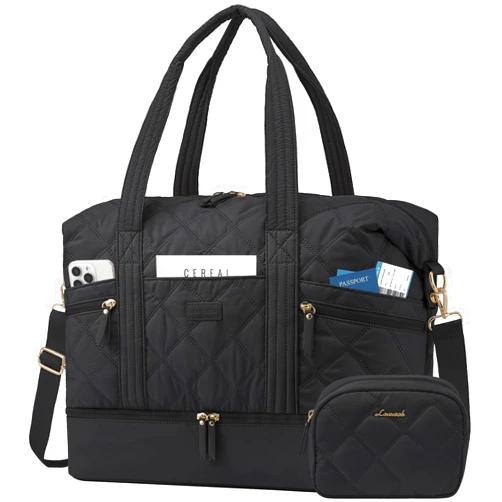 LOVEVOOK Travel Duffle Bag, Lightweight Weekender Bags for Women with Shoe Compartment, Puffer Gym Bag Personal Item Travel Bag, Quilted Overnight Bags and Hospital Bag for Labor and Delivery, Black