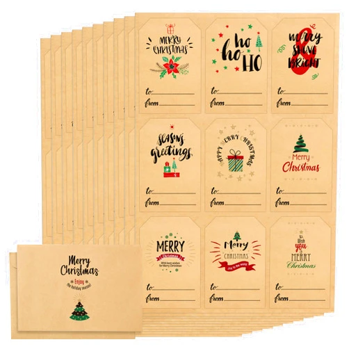 BIROYAL Christmas Gift Tags Stickers 99 Pcs Christmas Name Tag Stickers Adhesive Kraft Paper Holiday Tags with 9 Different Designs Christmas Tags to from Labels for Christmas Presents Decorations Party