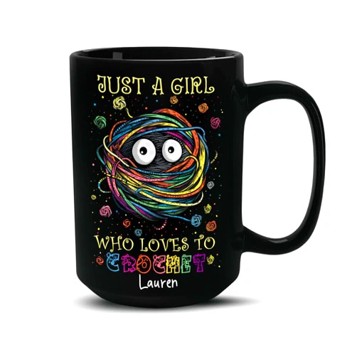 FABGIFT Custom On Yarn Ball Mug, Colorful Personalized Crochet Coffee Mug With Name, Black Ceramic Cup, Gift For Mother, Customized Knitting Cup, Gift For Crochet Lovers, Yarn Mug 15oz