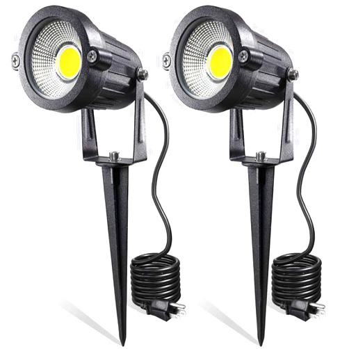 LEACOCO LED Landscape Lights,5W 120V AC Outdoor Pathway Garden Yard Spotlight,IP65 Waterproof Garden Flood Light,Outdoor Spotlight with Stake,UL Cord 5-ft with Plug (Pack of 2, Warm White)