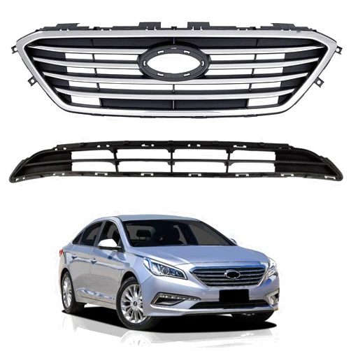 PartsFlow 2PCS Front Bumper Grille Black W/Chrome Trim Grill Upper & Lower For 2015 2016 2017 Hyundai Sonata